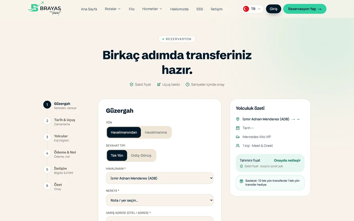 Brayas Travel — altı adımlı rezervasyon